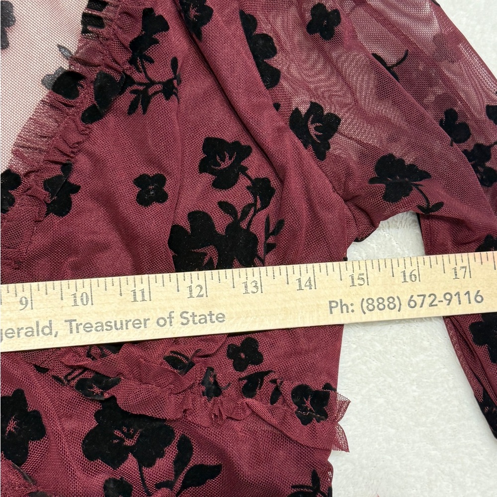 NWT Women Juniors Burgundy Floral Chiffon Dress Romantic Dreamy Sheer Size 7/8 - Picture 13 of 14